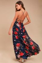 Lulus Debut Navy Blue Floral Print Lace-up Maxi Dress