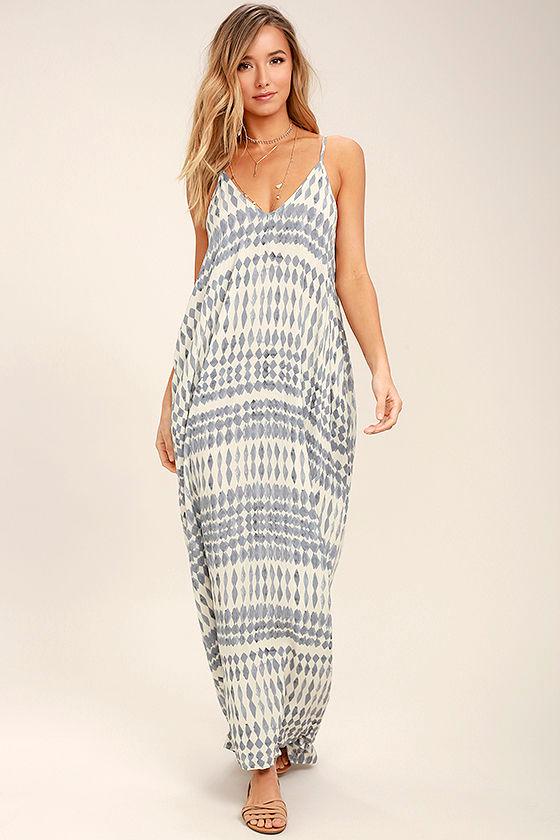 Love Stitch | Tide Chaser Cream And Grey Print Maxi Dress | Size Small/medium | Beige | 100% Rayon | Lulus