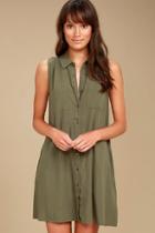 Lulus Look Into Your Heart Olive Green Sleeveless Shirt Dress