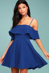 Lulus Waterfront Royal Blue Off-the-shoulder Skater Dress
