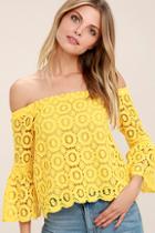 Lulus Good Day Yellow Crochet Off-the-shoulder Top