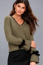 Lulus | Verses From The Heart Olive Green Bell Sleeve Knit Sweater | Size Medium