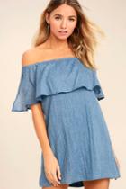 Lulus | Hello Sunshine Denim Blue Off-the-shoulder Dress | Size Large | 100% Polyester