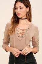 Love Song Taupe Long Sleeve Lace-up Top | Lulus