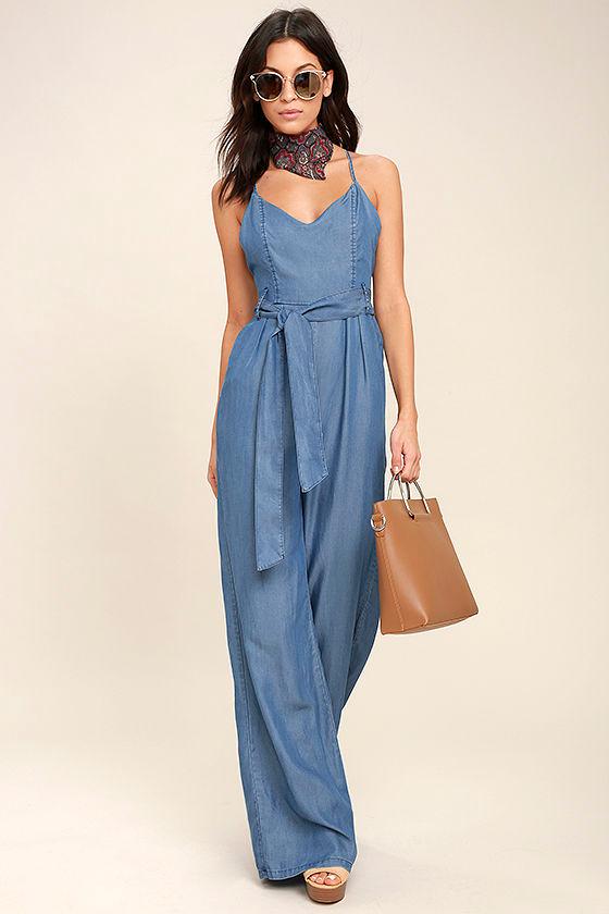 Lulus | Cruise Blue Chambray Jumpsuit | Size X-large | 100% Rayon