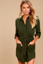 On The Road | Remy Olive Green Long Sleeve Shirt Dress | Size Small | Lulus