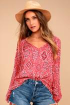 Lulus Take A Stroll Coral Red Print Long Sleeve Top