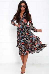 Re:named A Peony Earned Black Floral Print Midi Dress