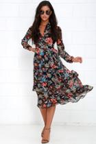 Re:named A Peony Earned Black Floral Print Midi Dress