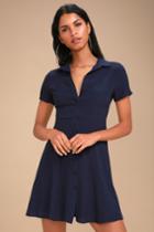 Daily Delight Navy Blue Collared Button-up Skater Dress | Lulus