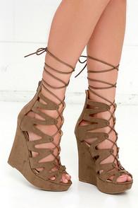 Wild Diva Lounge Perfect Form Taupe Suede Lace-up Platform Wedges