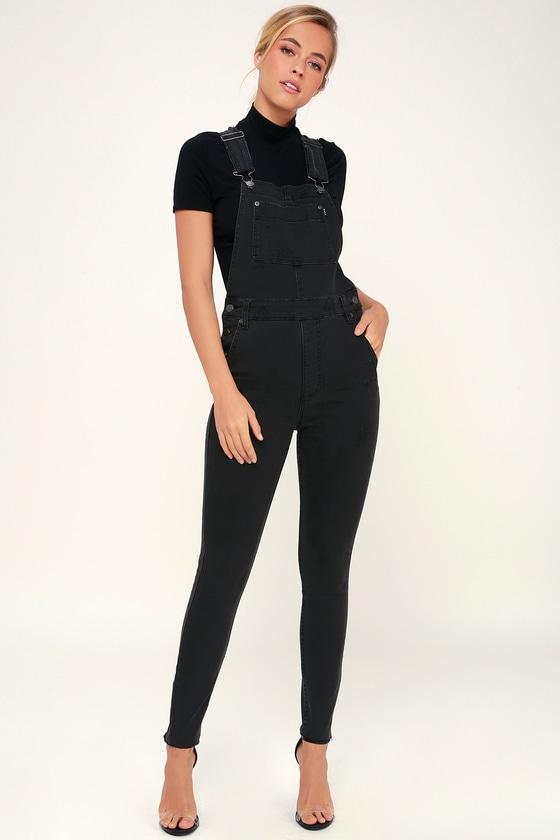 Rvca Foss Washed Black High-waisted Distressed Denim Overalls | Lulus