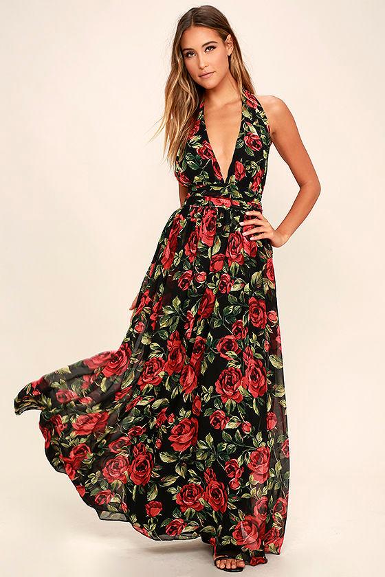 Lulus | Sweet Heaven Black Floral Print Maxi Dress | Size Large | 100% Polyester