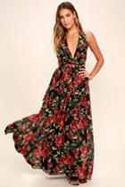 Lulus | Sweet Heaven Black Floral Print Maxi Dress | Size Large | 100% Polyester