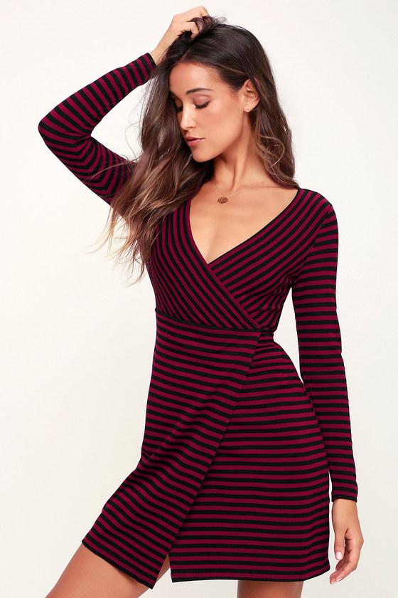 Bb Dakota All Day Everyday Burgundy And Black Striped Wrap Dress | Lulus
