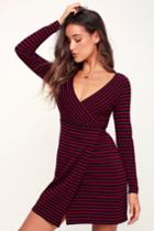 Bb Dakota All Day Everyday Burgundy And Black Striped Wrap Dress | Lulus