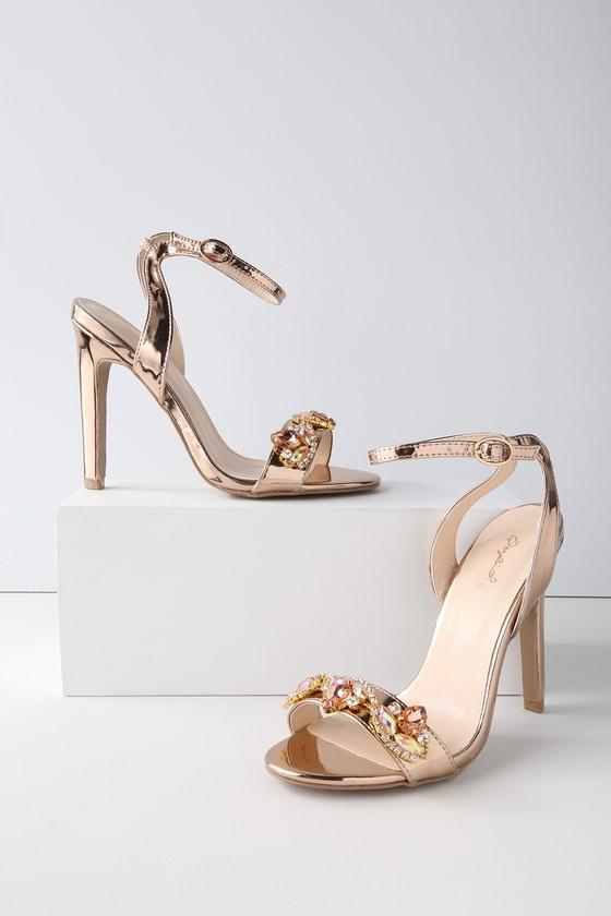 Qupid Hilaria Rose Gold Rhinestone Ankle Strap Heels | Lulus