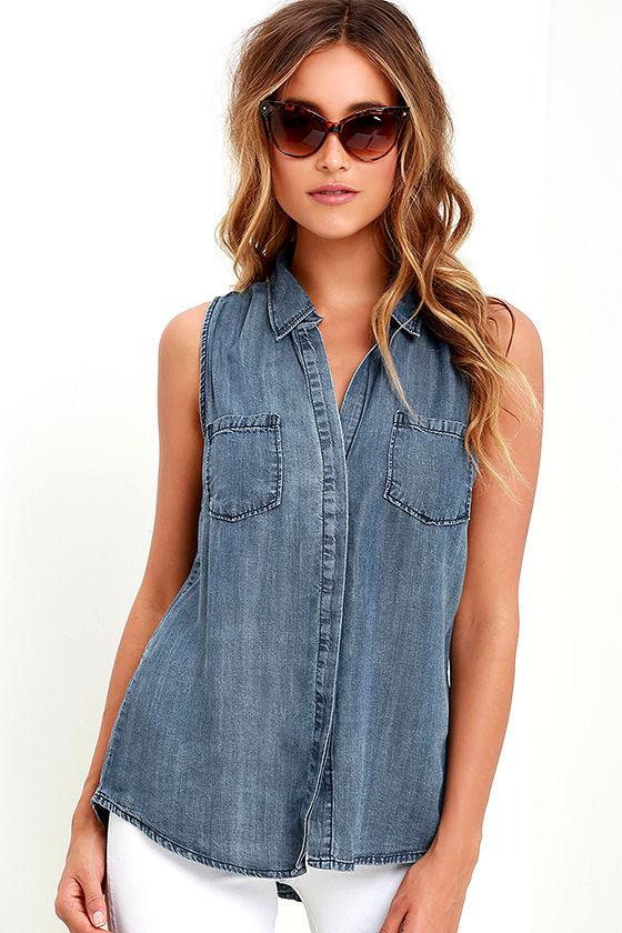 Love Stitch Courtesy Collar Blue Chambray Top | Lulus