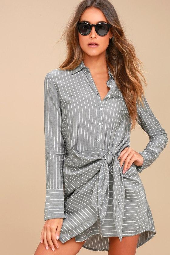 Lulus | Poised And Proper Grey Striped Knotted Shirt Dress | Size Large | 100% Rayon
