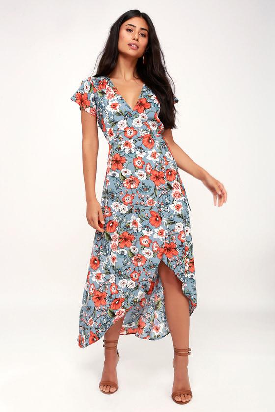 Sage The Label Hazel Light Blue Floral Print Satin High-low Wrap Dress | Lulus