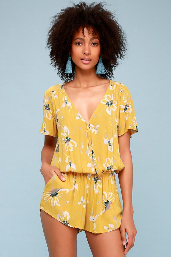 O'neill Charlene Golden Yellow Floral Print Romper | Lulus