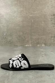 Seychelles Under Control Black Leather Embroidered Slide Sandals