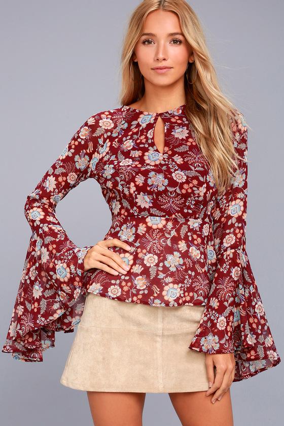 Lulus | Odine Burgundy Floral Print Long Sleeve Top | Size Large | Red | 100% Polyester