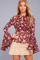Lulus | Odine Burgundy Floral Print Long Sleeve Top | Size Large | Red | 100% Polyester