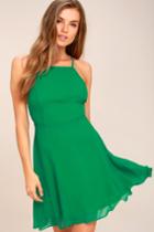 Lulus | Letter Of Love Green Backless Skater Dress | Size Large | 100% Polyester