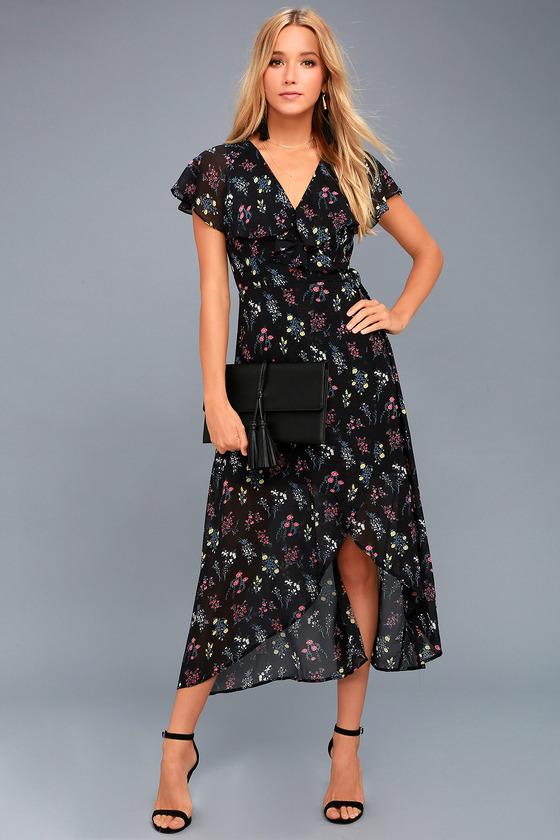 Lulus | Act Of Love Black Floral Print Midi Wrap Dress | Size Large | 100% Polyester