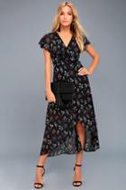 Lulus | Act Of Love Black Floral Print Midi Wrap Dress | Size Large | 100% Polyester