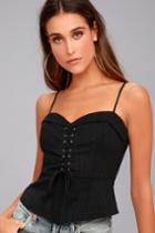Lulus | Admired By All Black Lace-up Peplum Top | Size Medium | 100% Cotton