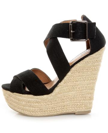 My Delicious Hall Black Linen Platform Wedges