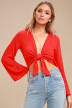 Weekend Wishes Coral Red Tie-front Long Sleeve Crop Top | Lulus