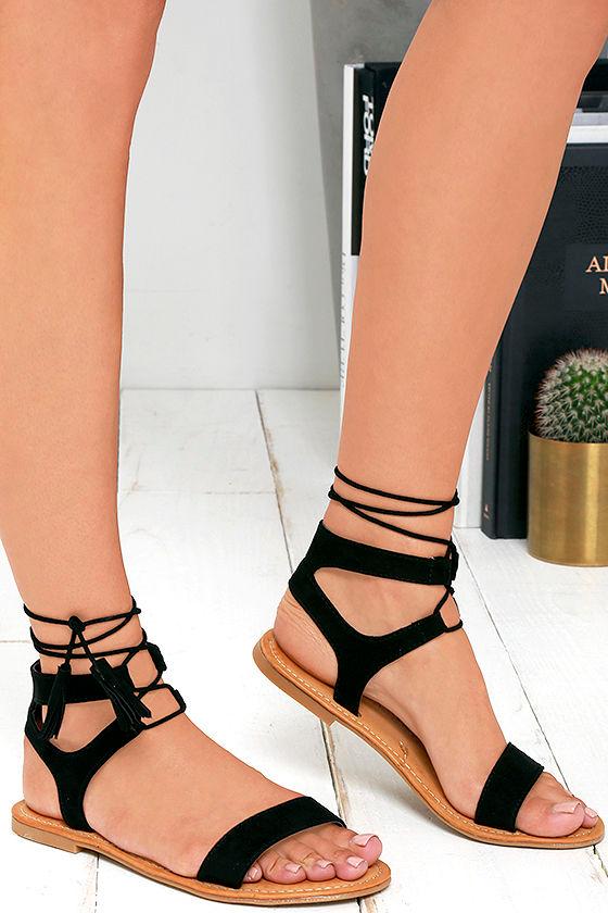 Bamboo | Street Fair Black Suede Lace-up Sandal Heels | Size 6 | Vegan Friendly | Lulus