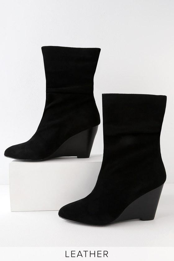 Charles David Edell Black Genuine Suede Leather Mid-calf Wedge Booties | Lulus