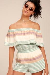 O'neill Pearce Beige Striped Off-the-shoulder Romper
