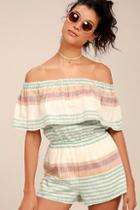 O'neill Pearce Beige Striped Off-the-shoulder Romper