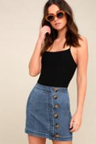 Free People Little Daisies Medium Wash Denim Button-front Mini Skirt | Lulus
