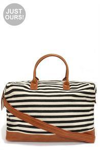 Lulus Exclusive Jet Setter Cream And Black Striped Weekender Bag