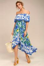Lulus Antigua Blue Floral Print Off-the-shoulder Dress