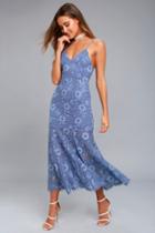 Nbd | Brielle Denim Blue Lace Midi Dress | Size Medium | Lulus
