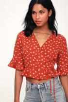 Melody Moves Rust Red Floral Print Flounce Sleeve Wrap Top | Lulus