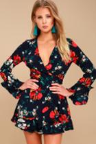 Lush | Dear To My Heart Navy Blue Floral Print Long Sleeve Romper | Size Large | 100% Polyester | Lulus