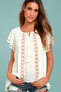 Lulus Puebla Rust Orange And White Embroidered Top