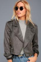 Lulus | Tree-lined Road Grey Suede Moto Jacket | Size Small | 100% Polyester | Vegan Friendly