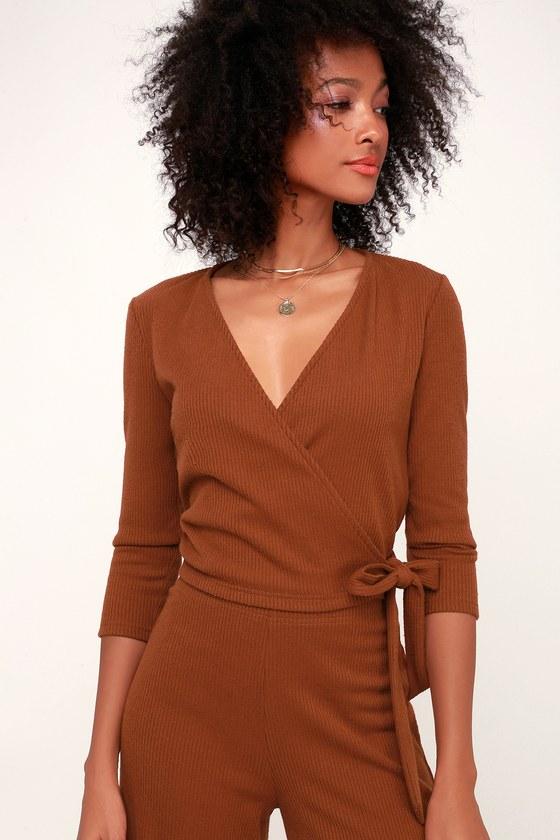 En Cloche Rust Brown Ribbed Wrap Top | Lulus