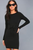 Lulus | Hearts Aflame Black Lace-up Long Sleeve Bodycon Dress | Size Large | 100% Polyester