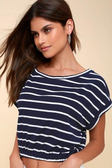 Lucy Love Sailor Navy Blue Striped Rib Knit Crop Top | Lulus
