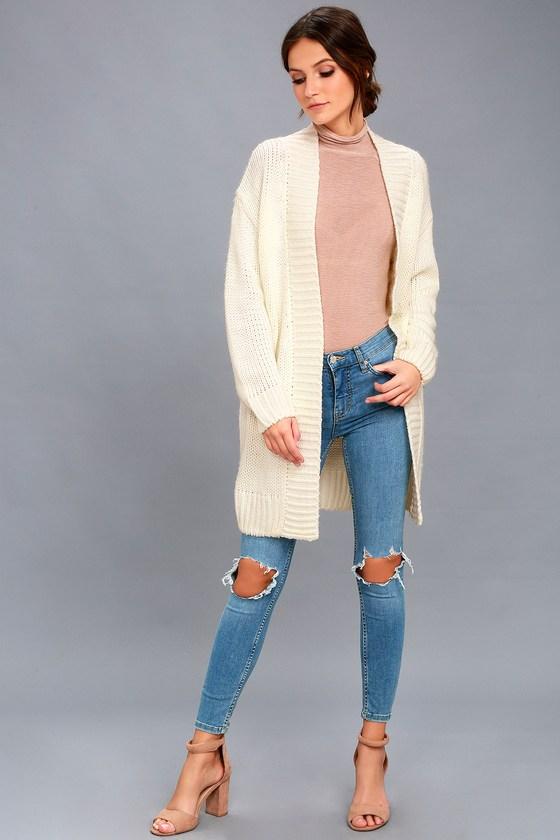 Lulus | Aberdeen Cream Knit Cardigan Sweater | Size Large | White